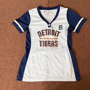 MLB Detroit Tigers Women Navy White TX3 Cool Henley Jersey Shirt Medium fit B+